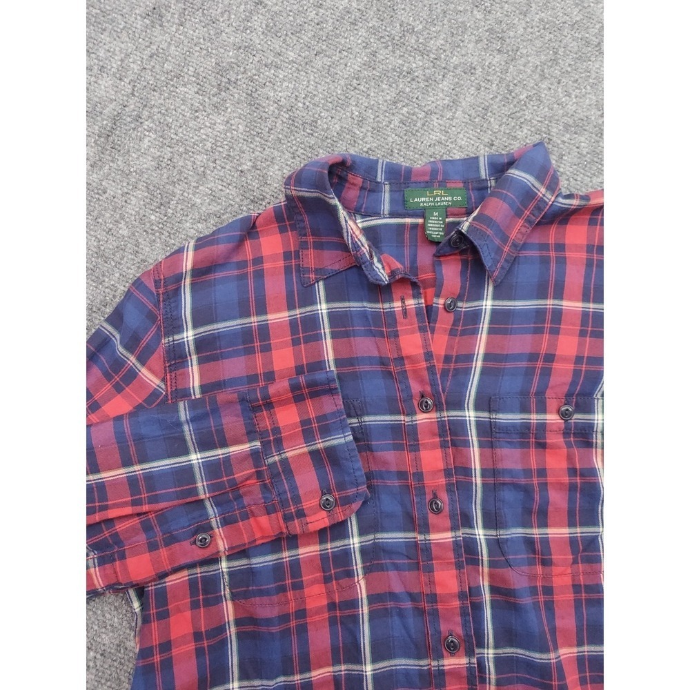 LRL RALPH LAUREN Shirt Womens Meidum Pink Blue Plaid ROLL TAB Sleeve Button Up
